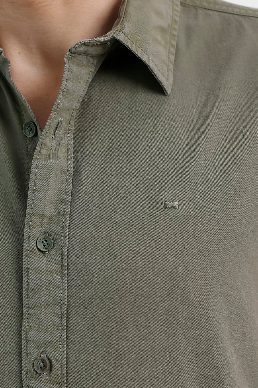 BASICS SLIM FIT OLIVE LICHEN COTTON TWILL SHIRT