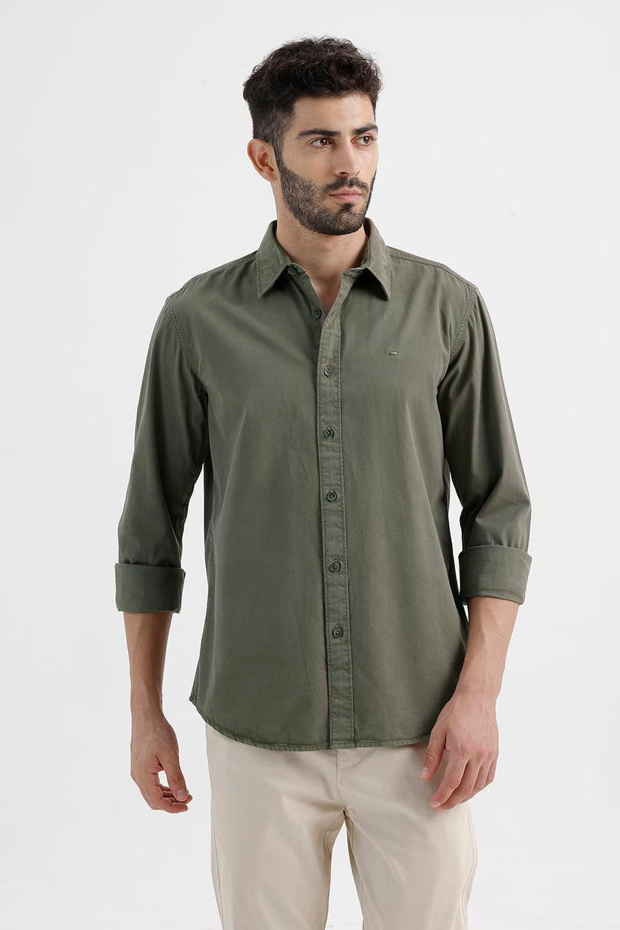 BASICS SLIM FIT OLIVE LICHEN COTTON TWILL SHIRT