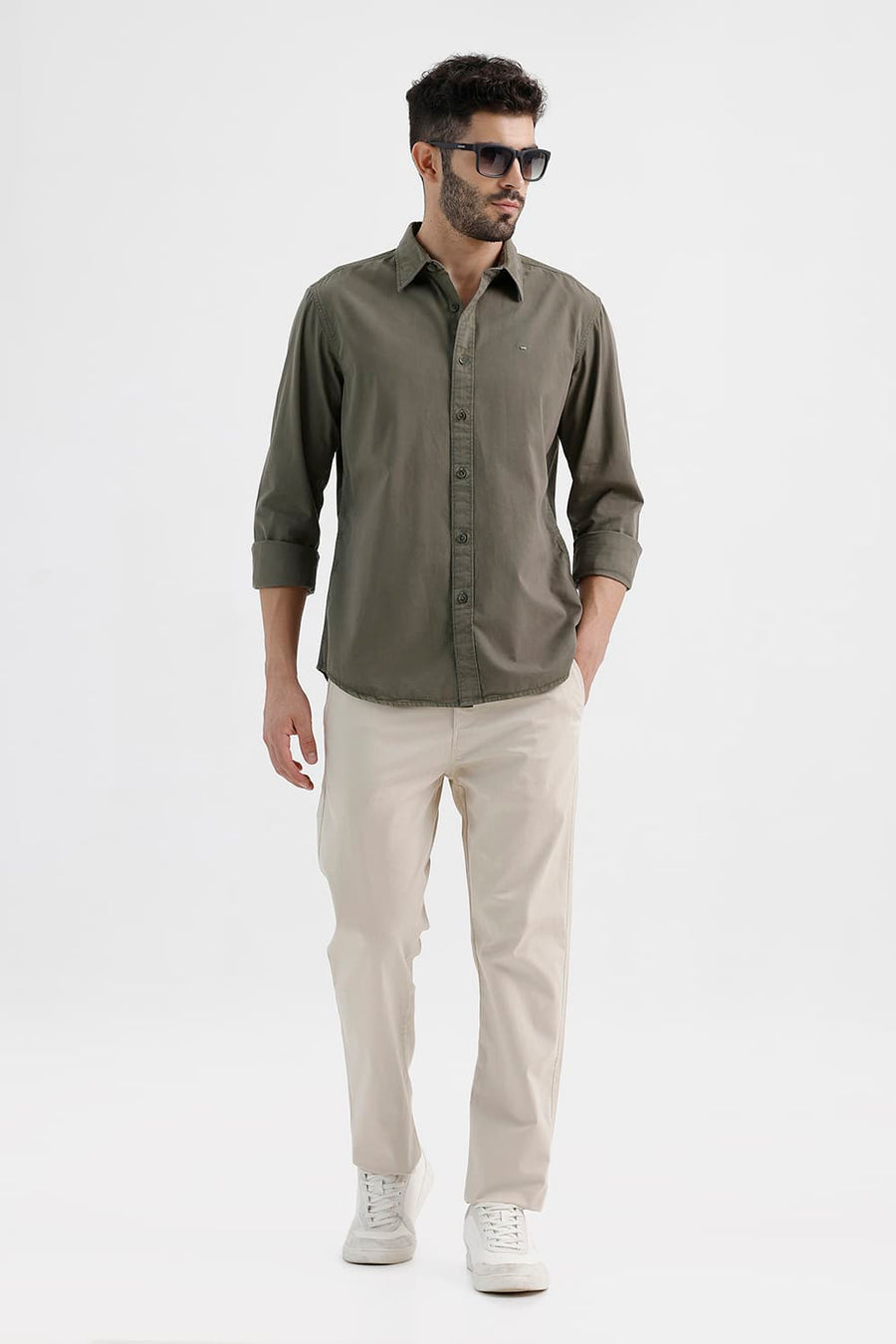BASICS SLIM FIT OLIVE LICHEN COTTON TWILL SHIRT