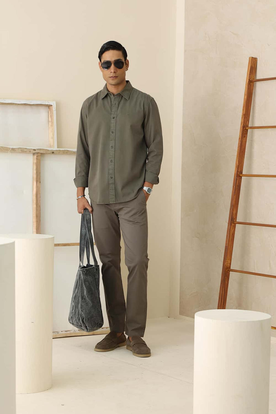 Basics Slim Fit Olive Lichen Cotton Twill Shirt