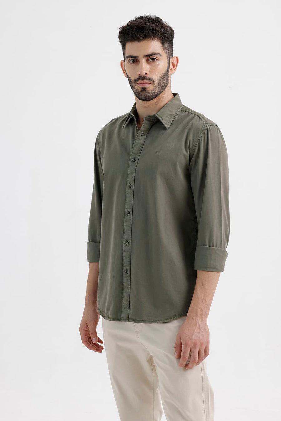 BASICS SLIM FIT OLIVE LICHEN COTTON TWILL SHIRT
