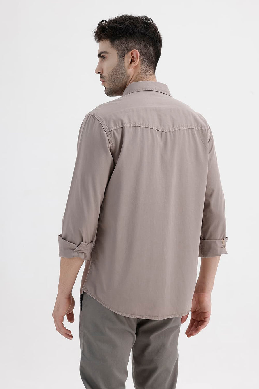 BASICS SLIM FIT MOUNTAIN BROWN COTTON TWILL SHIRT