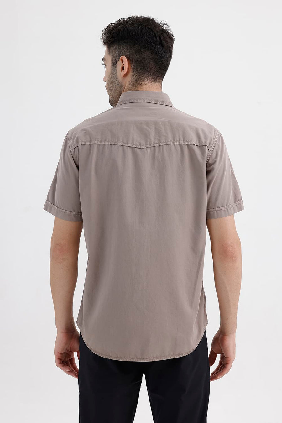 BASICS SLIM FIT MOUNTAIN BROWN COTTON TWILL HALFSLEEVES SHIRT