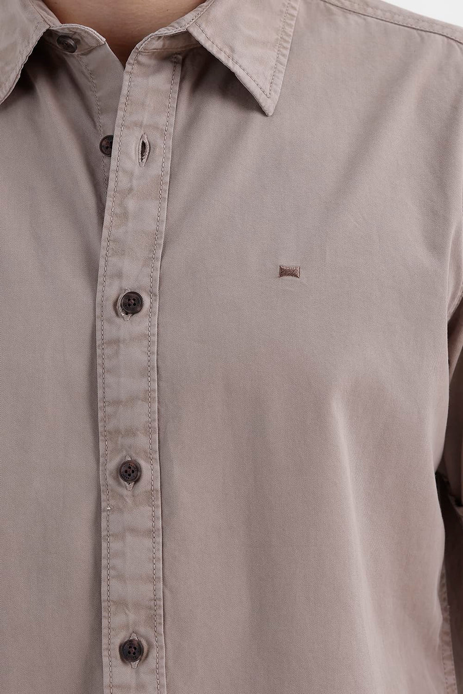 BASICS SLIM FIT MOUNTAIN BROWN COTTON TWILL HALFSLEEVES SHIRT