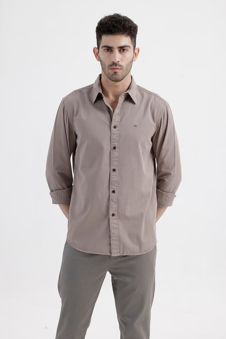 BASICS SLIM FIT MOUNTAIN BROWN COTTON TWILL SHIRT