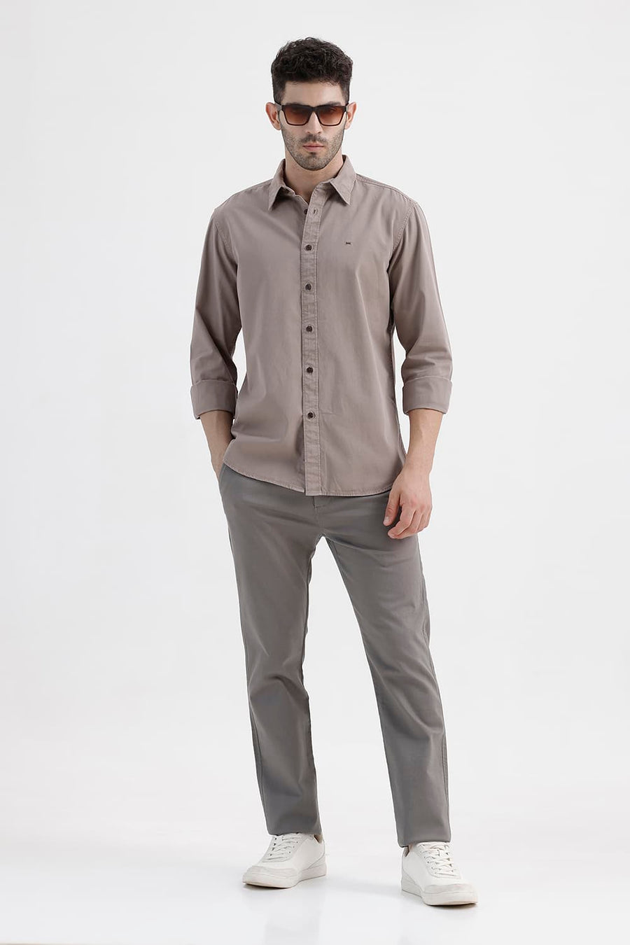 BASICS SLIM FIT MOUNTAIN BROWN COTTON TWILL SHIRT