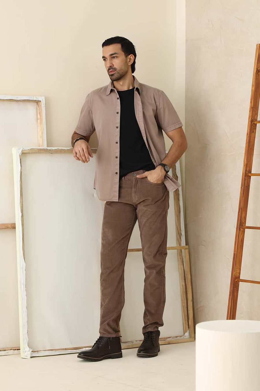 Basics Slim Fit Mountain Brown Cotton Twill Halfsleeves Shirt