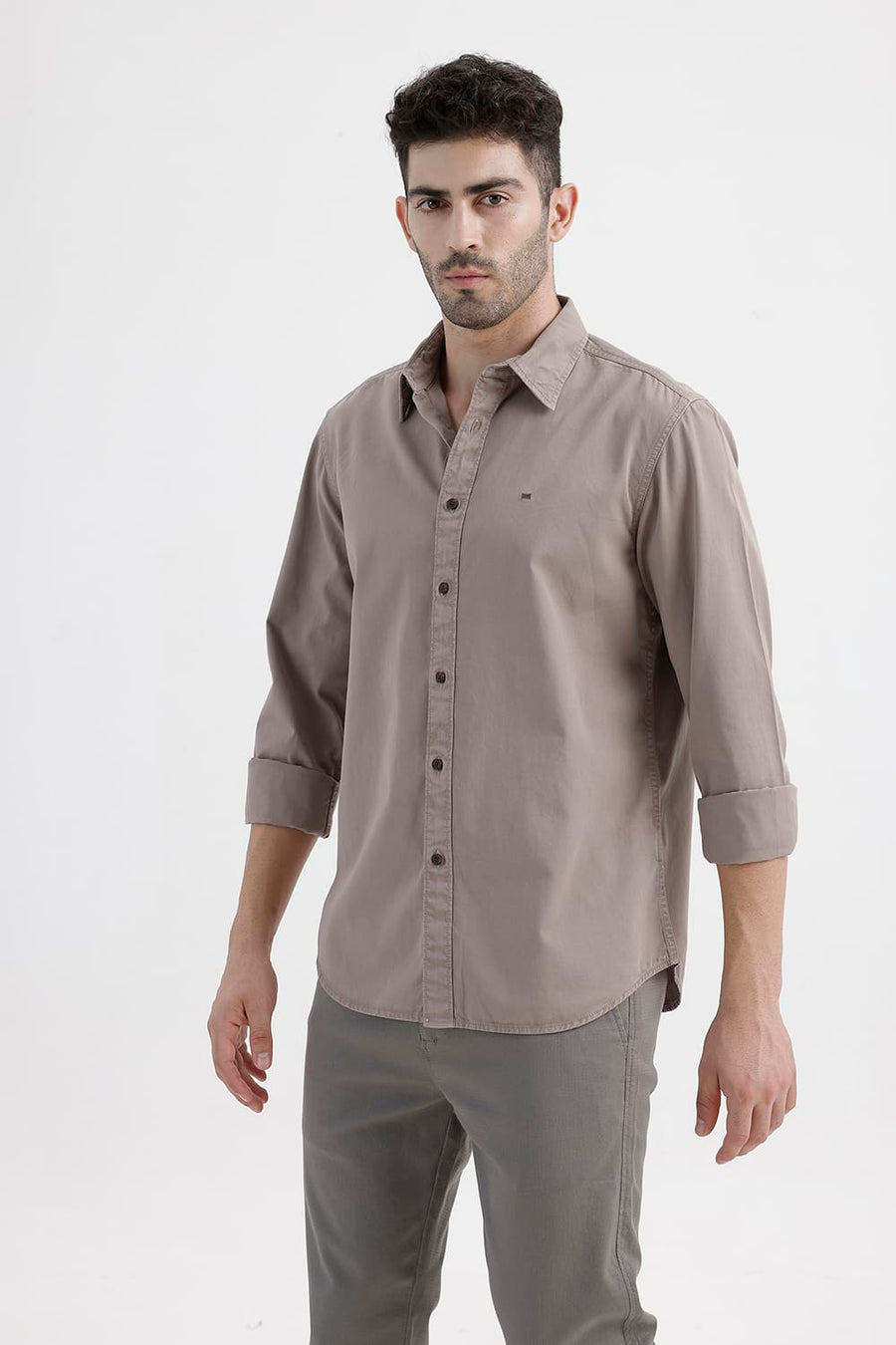 BASICS SLIM FIT MOUNTAIN BROWN COTTON TWILL SHIRT