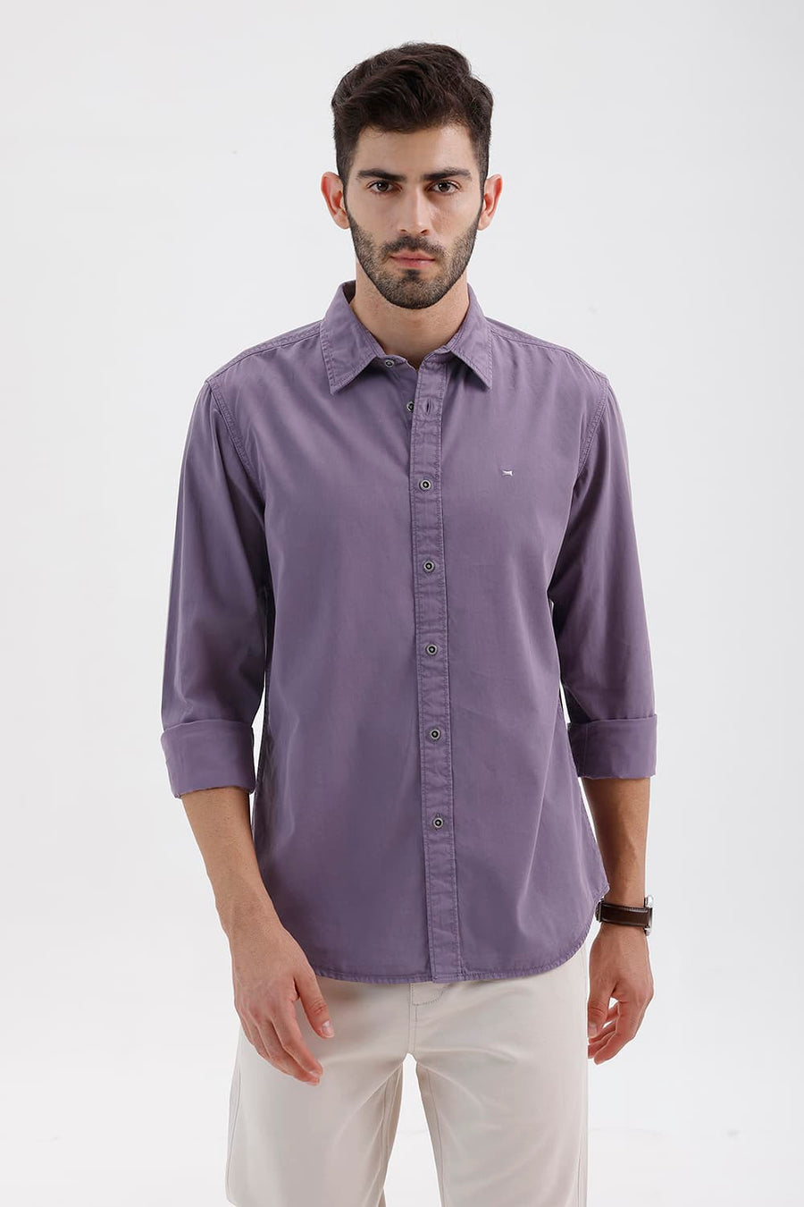 BASICS SLIM FIT PURPLE SAGE COTTON TWILL SHIRT