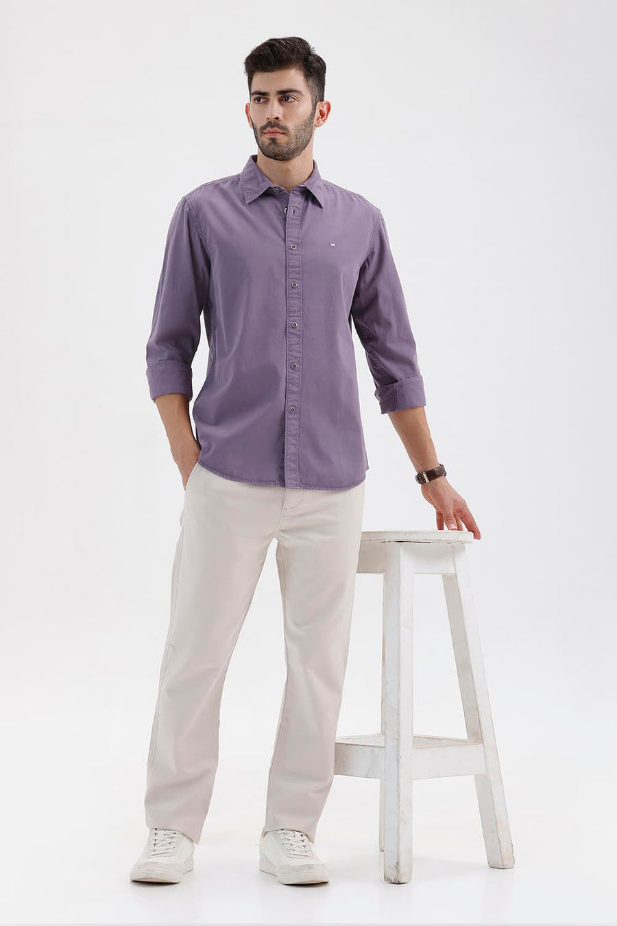 BASICS SLIM FIT PURPLE SAGE COTTON TWILL SHIRT