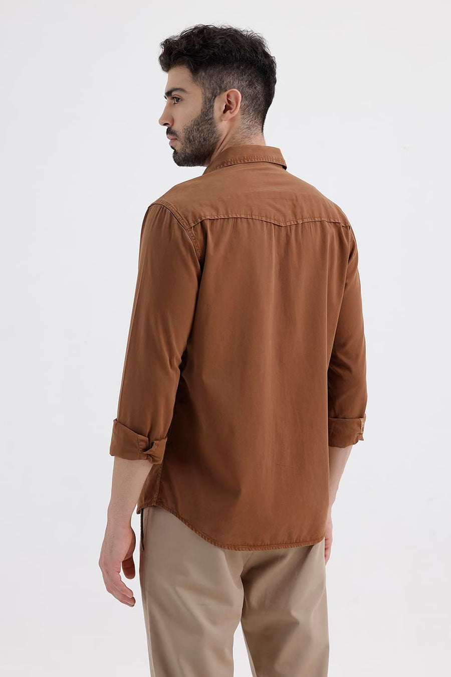 BASICS SLIM FIT PARTRIDGE BROWN COTTON TWILL SHIRT