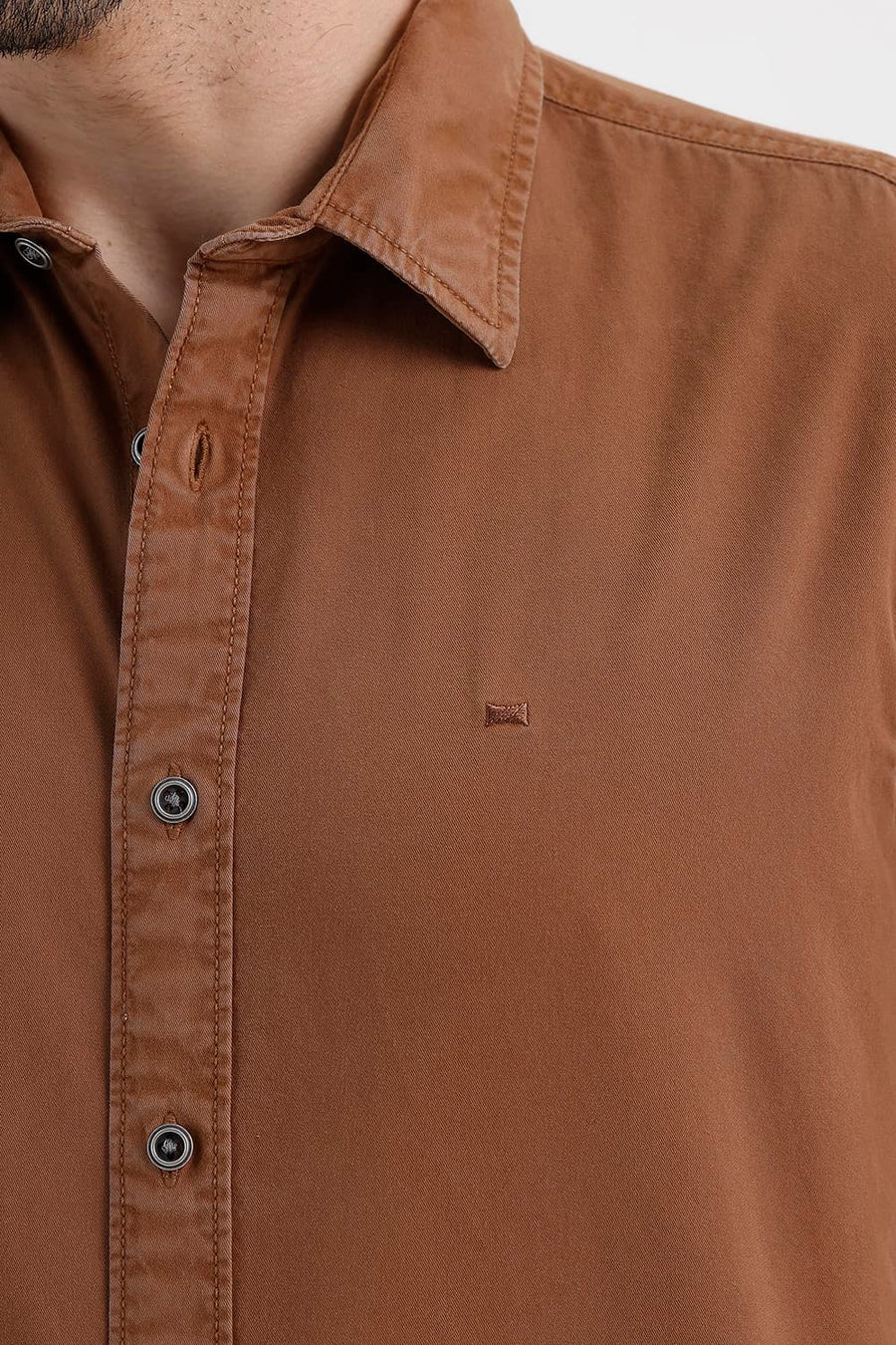 BASICS SLIM FIT PARTRIDGE BROWN COTTON TWILL SHIRT