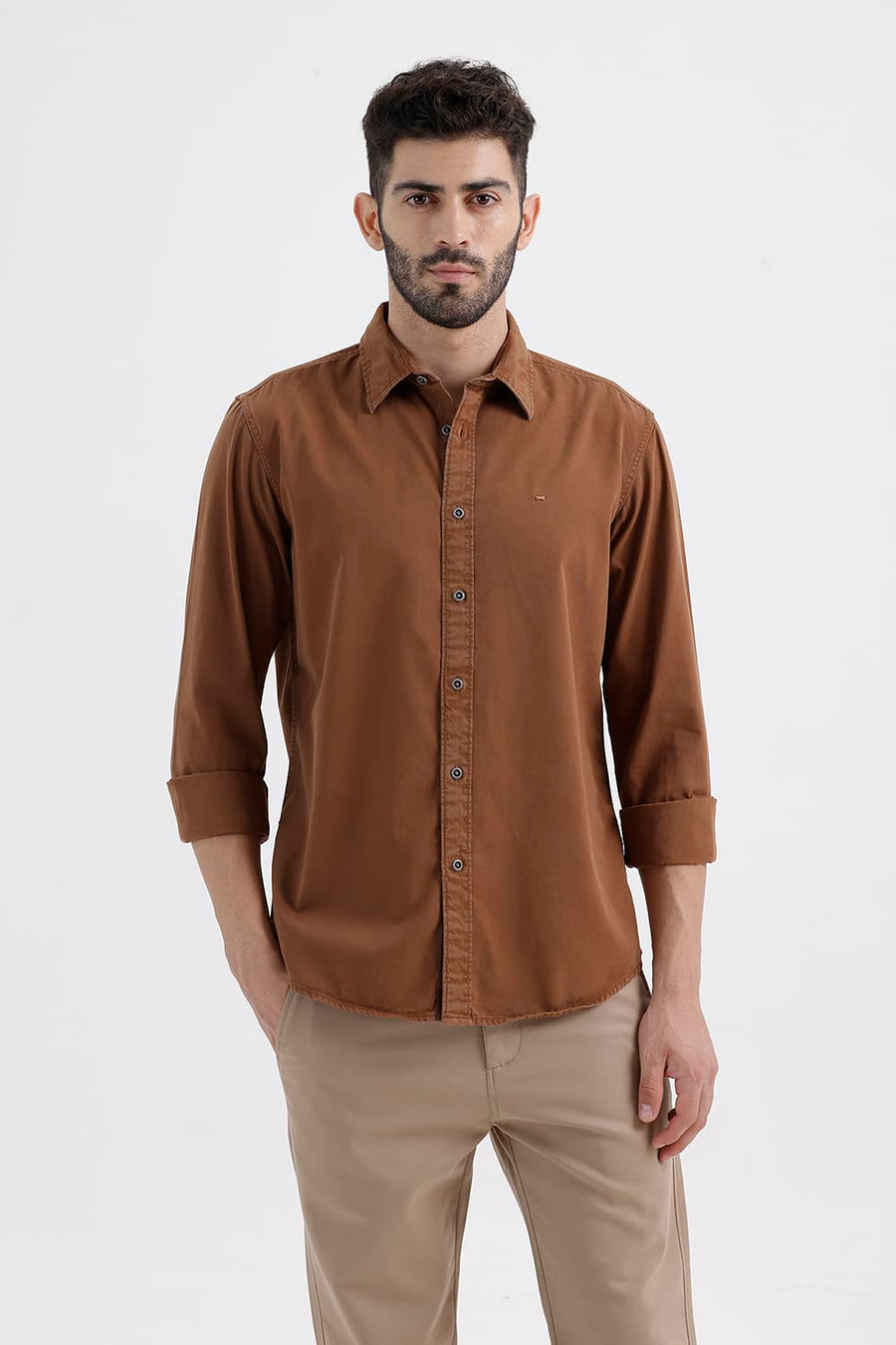 BASICS SLIM FIT PARTRIDGE BROWN COTTON TWILL SHIRT
