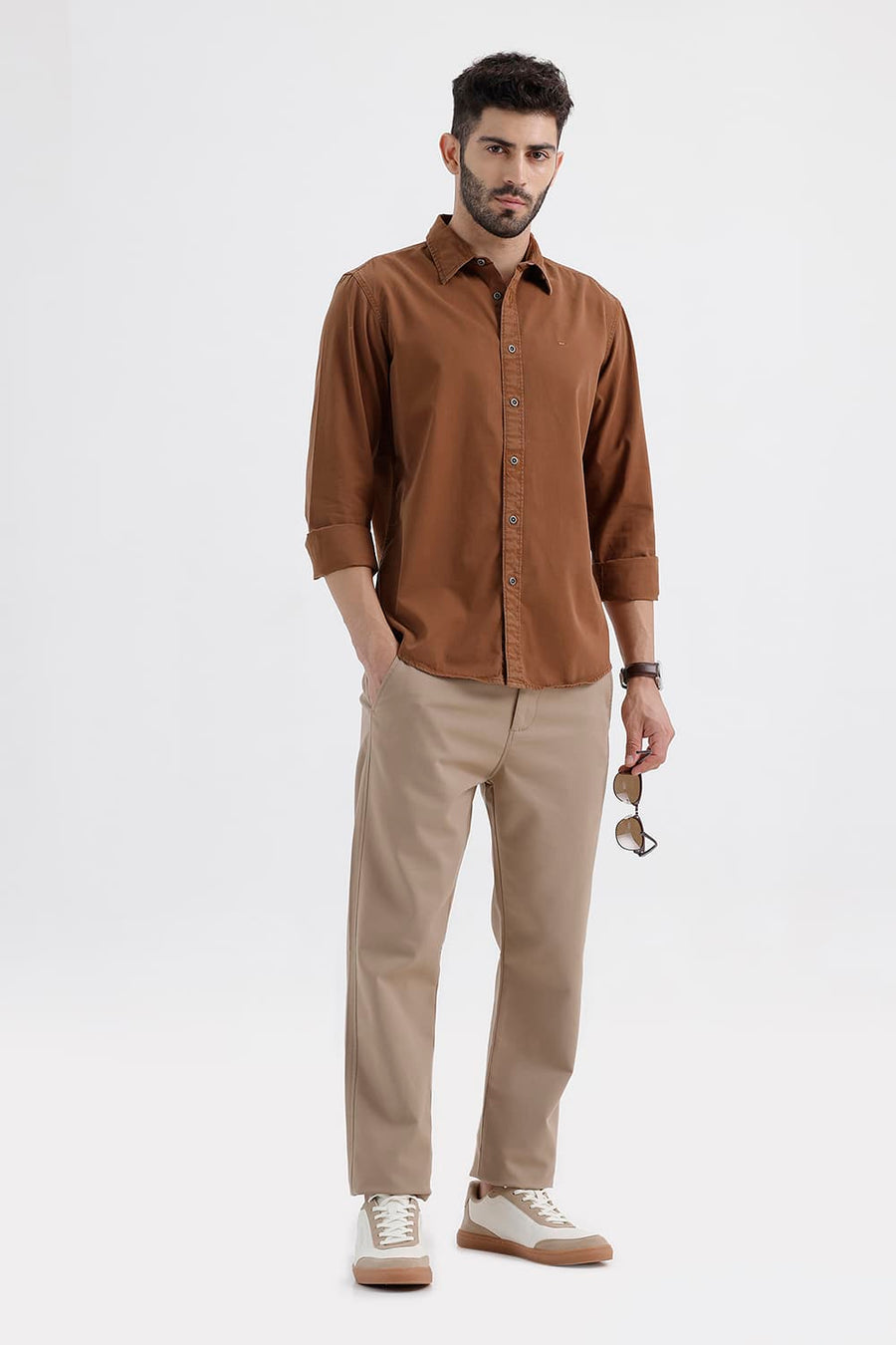 BASICS SLIM FIT PARTRIDGE BROWN COTTON TWILL SHIRT