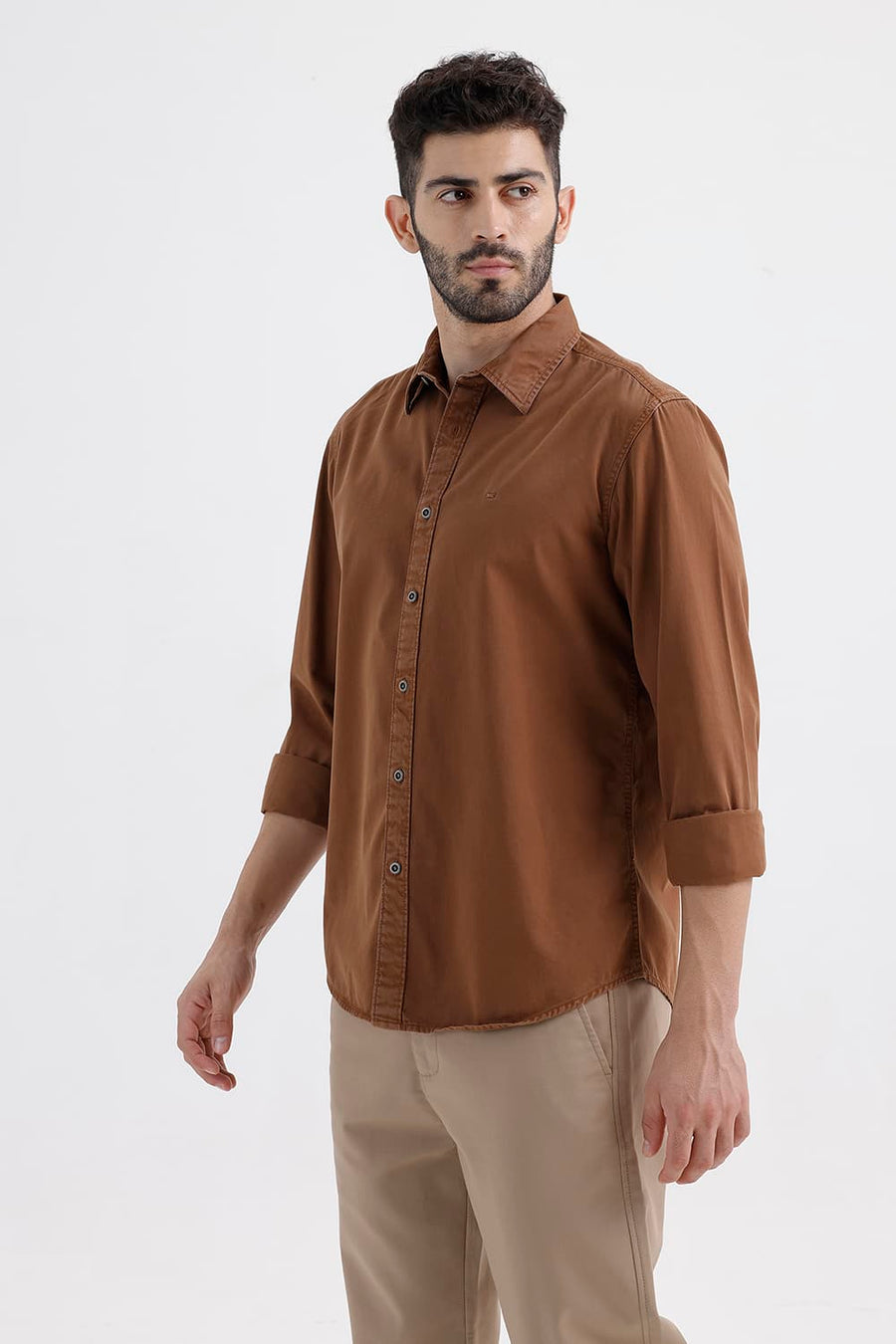 BASICS SLIM FIT PARTRIDGE BROWN COTTON TWILL SHIRT