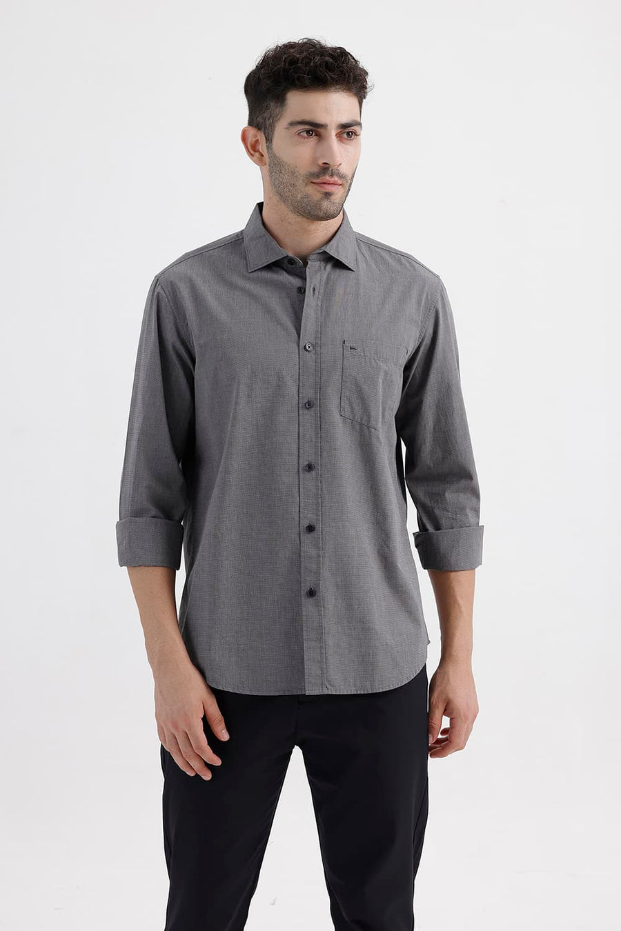 BASICS SLIM FIT GRANITE BLACK COTTON FIL-A-FIL SHIRT