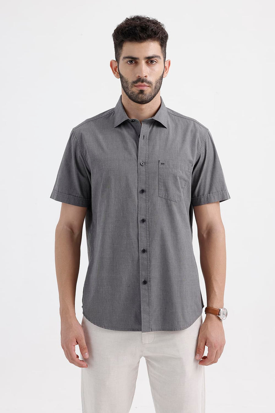 BASICS SLIM FIT GRANITE BLACK COTTON FIL-A-FIL HALFSLEEVES SHIRT