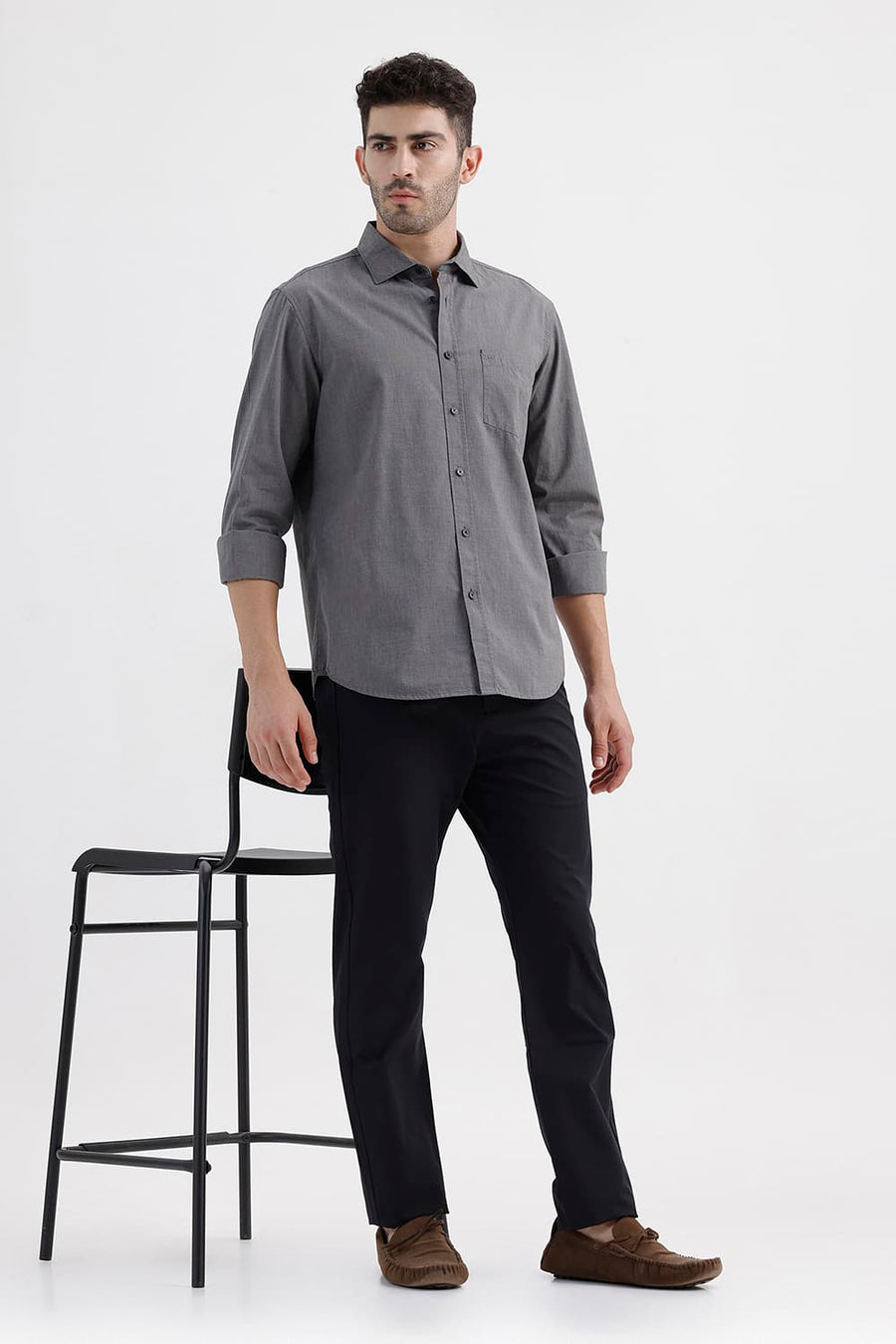 BASICS SLIM FIT GRANITE BLACK COTTON FIL-A-FIL SHIRT