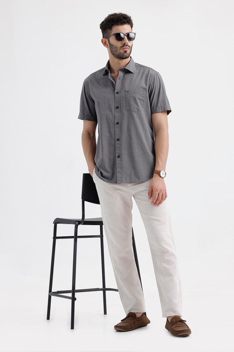 BASICS SLIM FIT GRANITE BLACK COTTON FIL-A-FIL HALFSLEEVES SHIRT