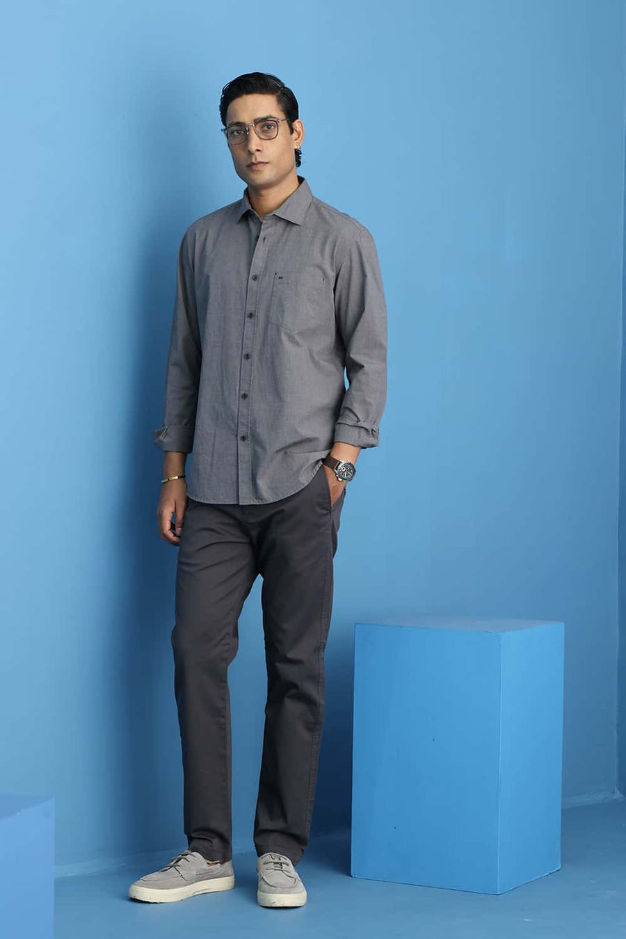 BASICS SLIM FIT GRANITE BLACK COTTON FIL-A-FIL SHIRT