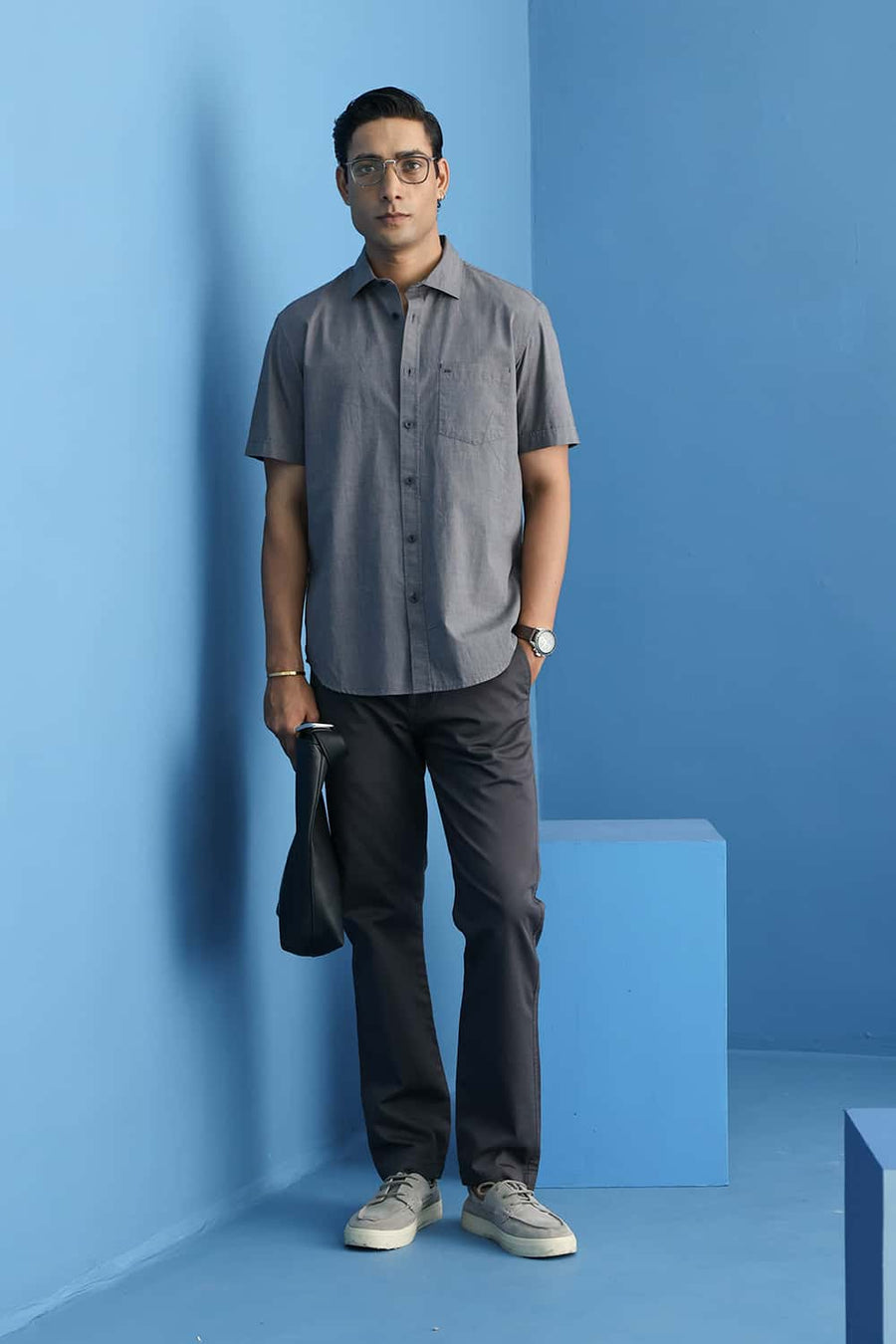 BASICS SLIM FIT GRANITE BLACK COTTON FIL-A-FIL HALFSLEEVES SHIRT
