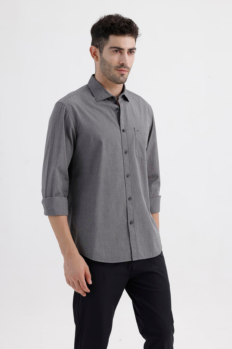 BASICS SLIM FIT GRANITE BLACK COTTON FIL-A-FIL SHIRT