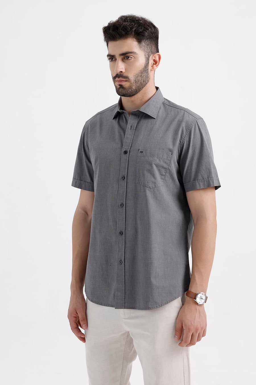 BASICS SLIM FIT GRANITE BLACK COTTON FIL-A-FIL HALFSLEEVES SHIRT