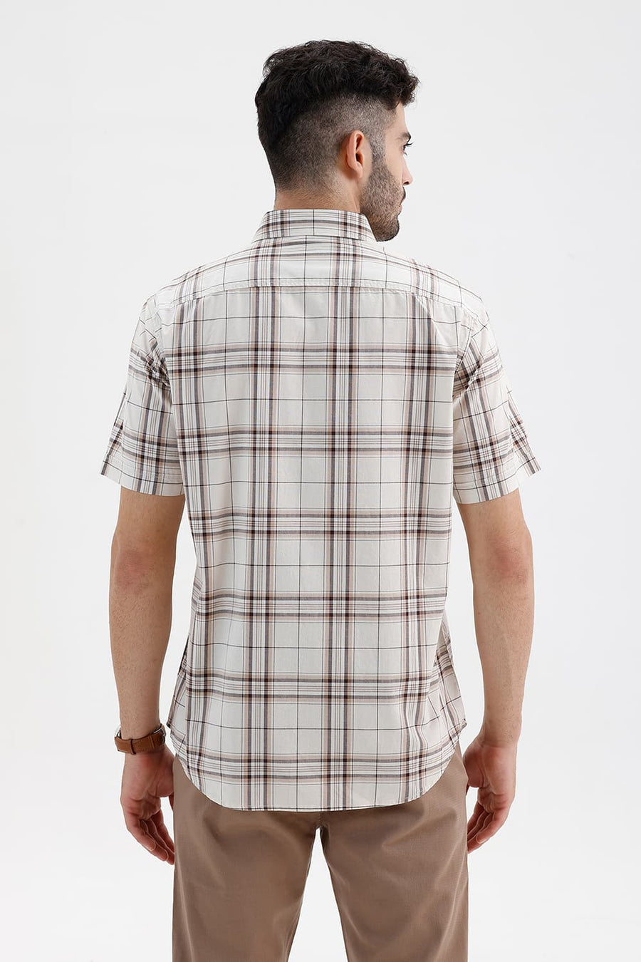 BASICS SLIM FIT ARCTIC ECRU COTTON CHECKS SHIRT