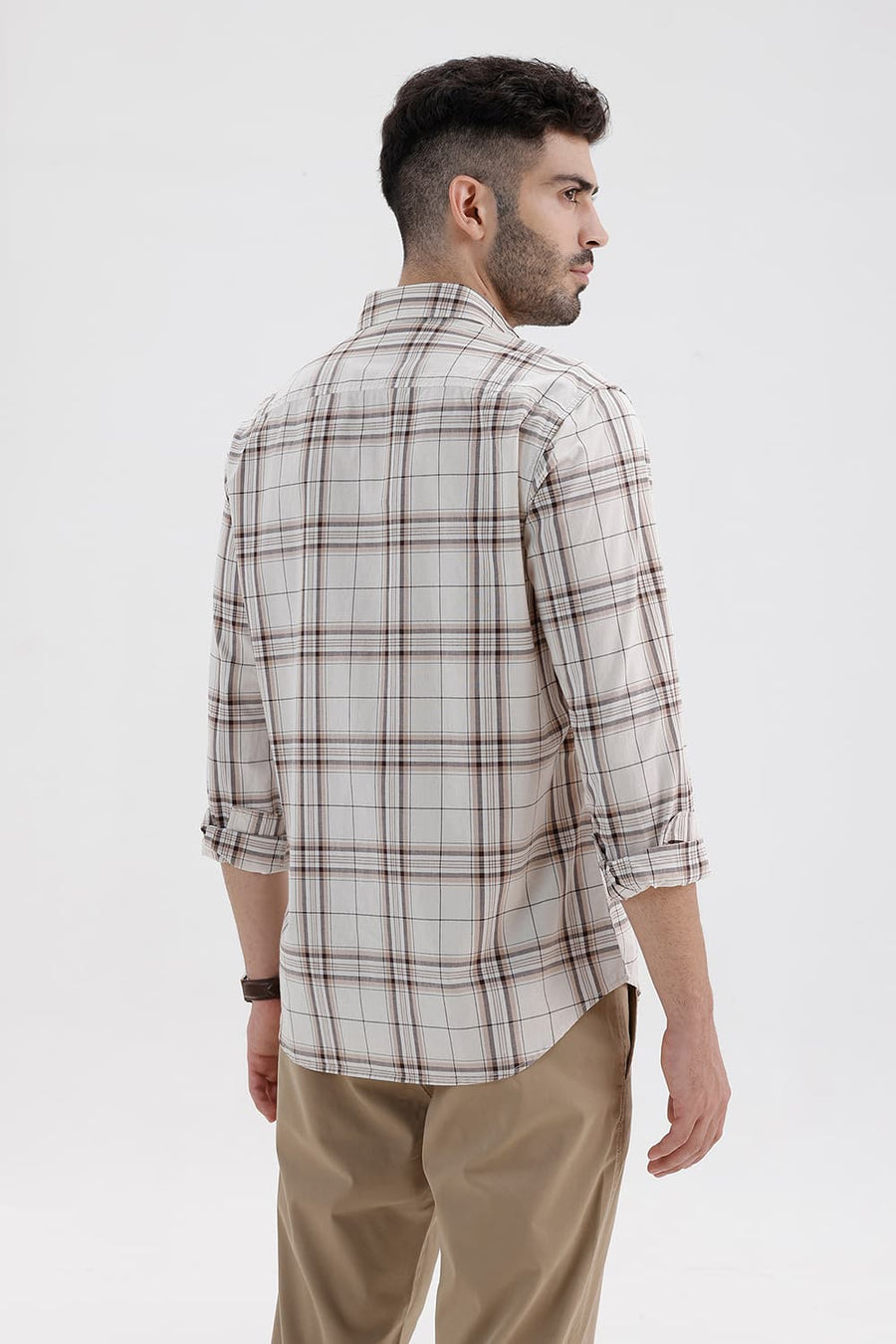 BASICS SLIM FIT ARCTIC ECRU COTTON CHECKS HALFSLEEVES SHIRT