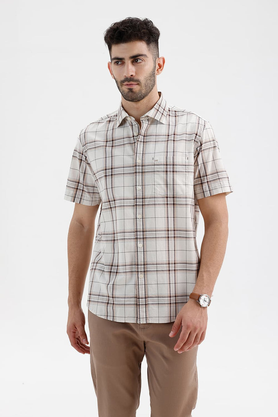 BASICS SLIM FIT ARCTIC ECRU COTTON CHECKS SHIRT