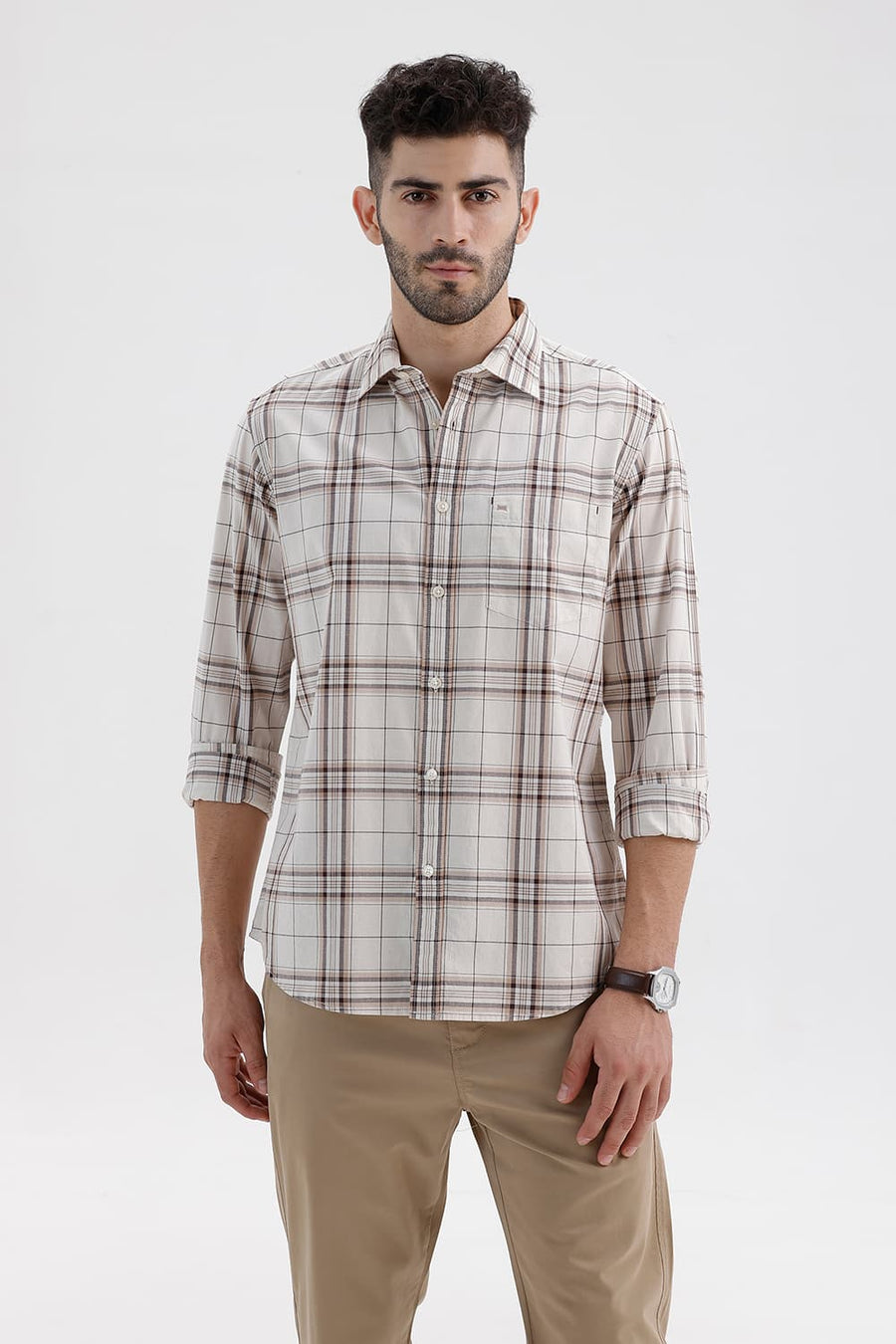 BASICS SLIM FIT ARCTIC ECRU COTTON CHECKS HALFSLEEVES SHIRT
