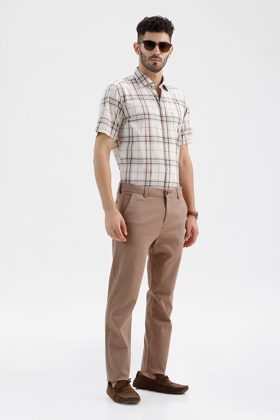 BASICS SLIM FIT ARCTIC ECRU COTTON CHECKS SHIRT