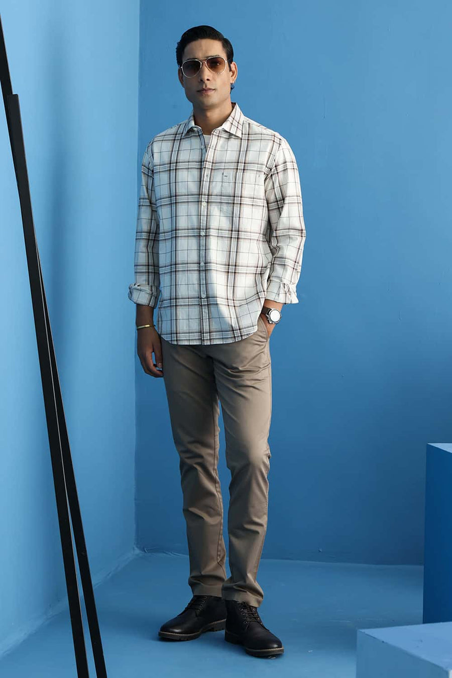 Basics Slim Fit Arctic Ecru Cotton Checks Shirt