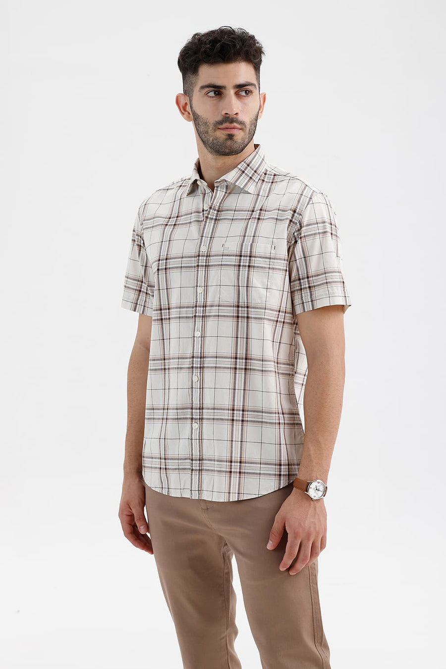 BASICS SLIM FIT ARCTIC ECRU COTTON CHECKS SHIRT