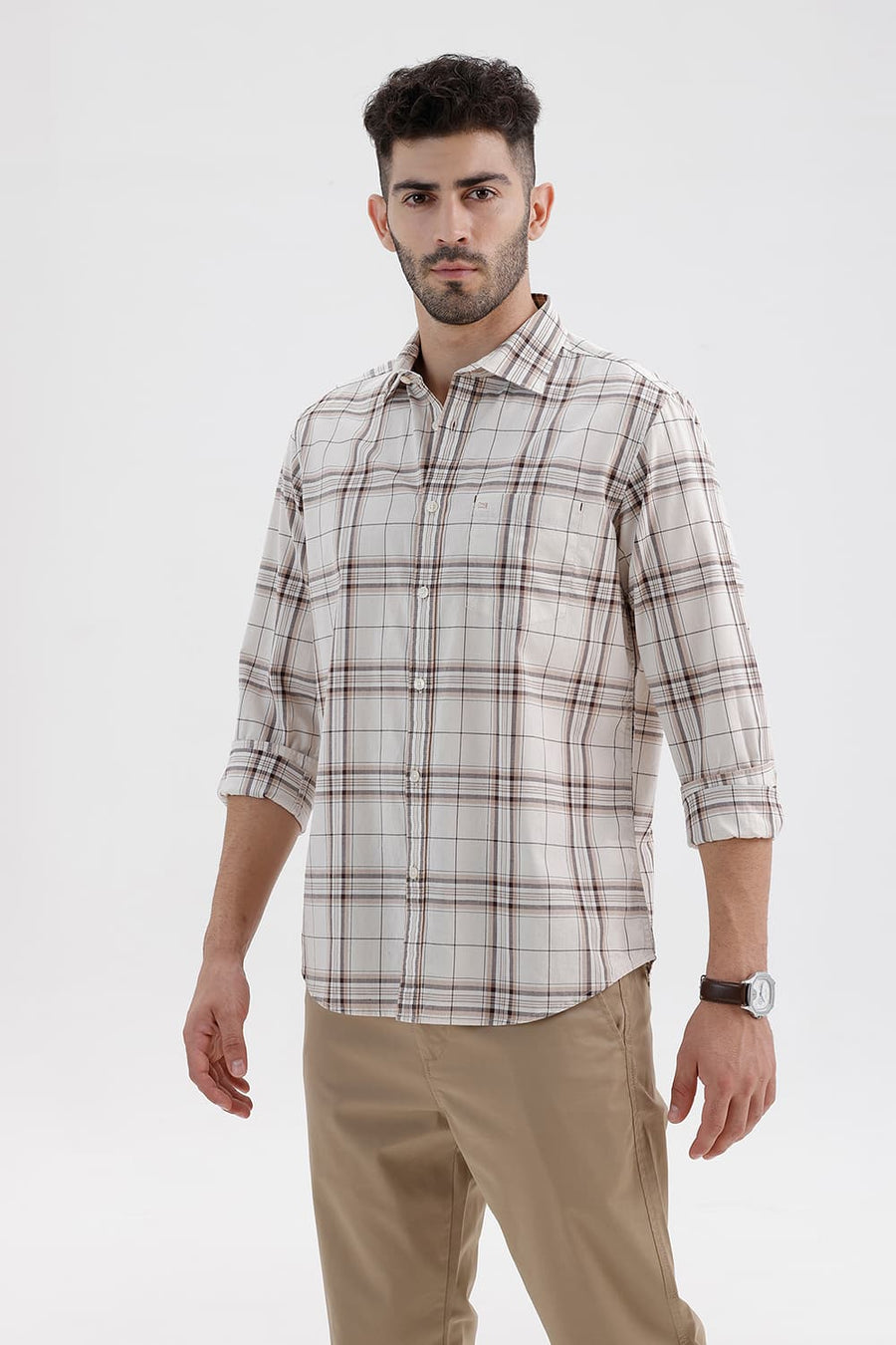 BASICS SLIM FIT ARCTIC ECRU COTTON CHECKS HALFSLEEVES SHIRT