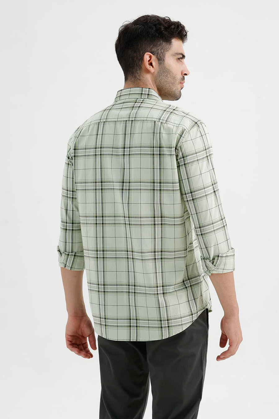 BASICS SLIM FIT CANARY GREEN COTTON CHECKS SHIRT