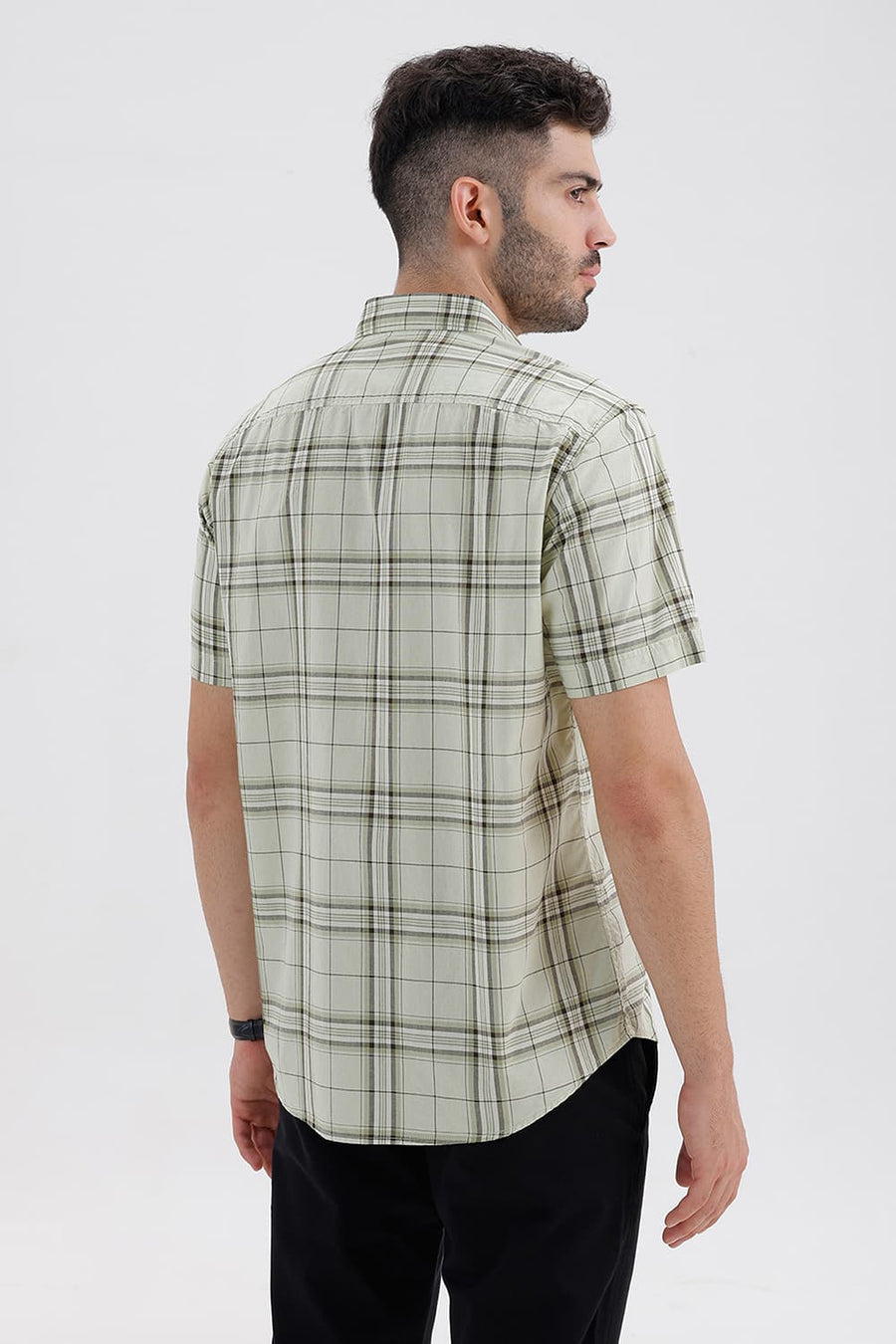 BASICS SLIM FIT CANARY GREEN COTTON CHECKS HALFSLEEVES SHIRT