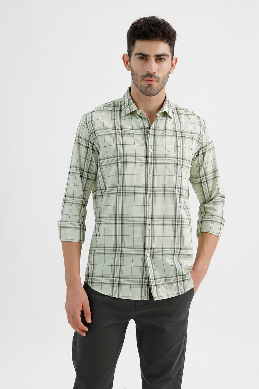 BASICS SLIM FIT CANARY GREEN COTTON CHECKS SHIRT