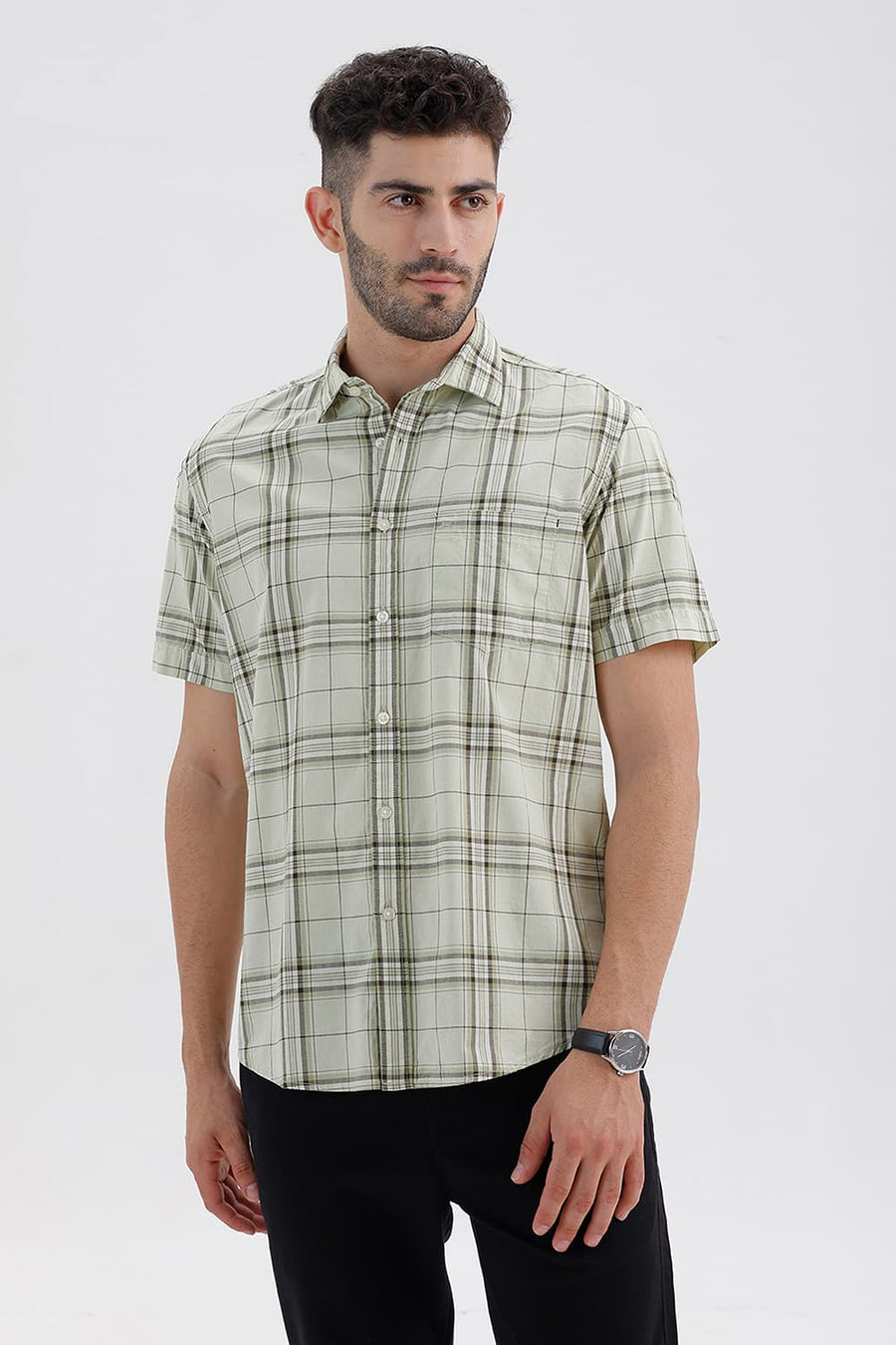 BASICS SLIM FIT CANARY GREEN COTTON CHECKS HALFSLEEVES SHIRT