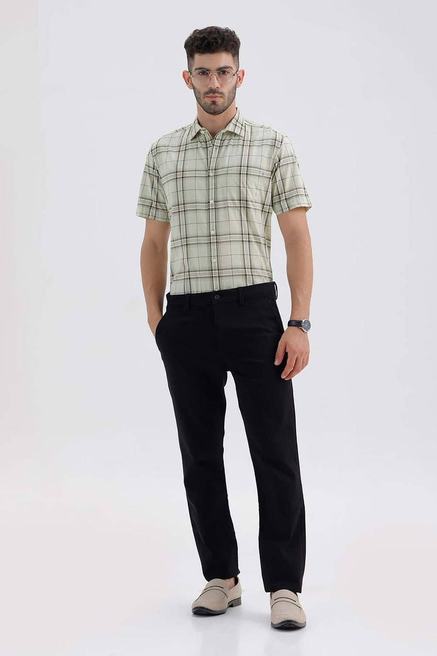 BASICS SLIM FIT CANARY GREEN COTTON CHECKS HALFSLEEVES SHIRT