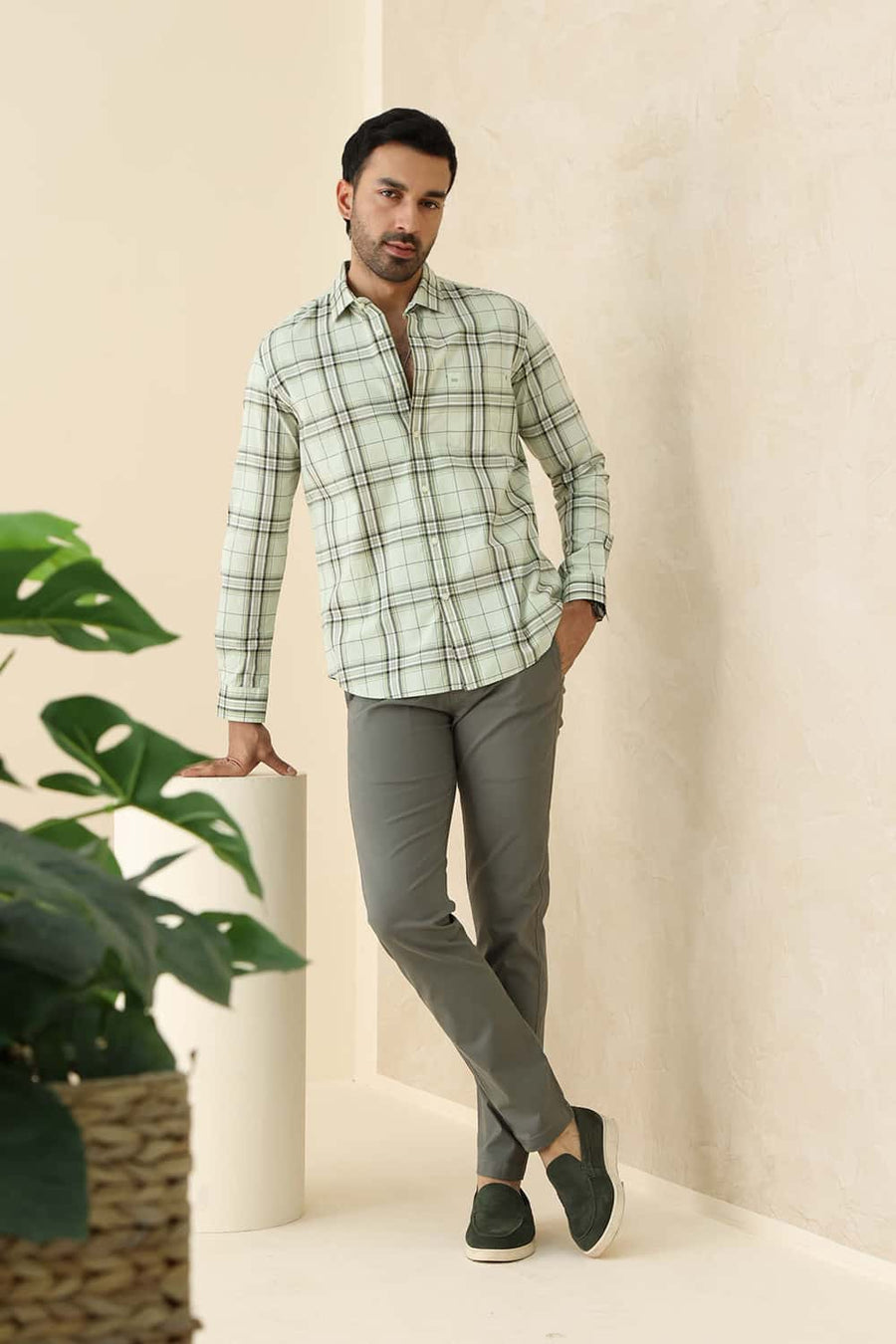 Basics Slim Fit Canary Green Cotton Checks Shirt