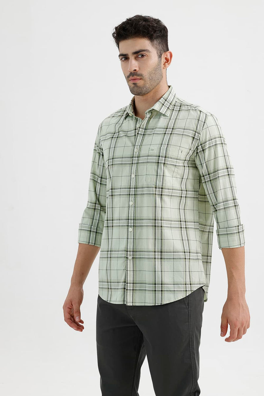 BASICS SLIM FIT CANARY GREEN COTTON CHECKS SHIRT