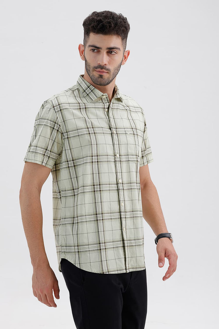 BASICS SLIM FIT CANARY GREEN COTTON CHECKS HALFSLEEVES SHIRT