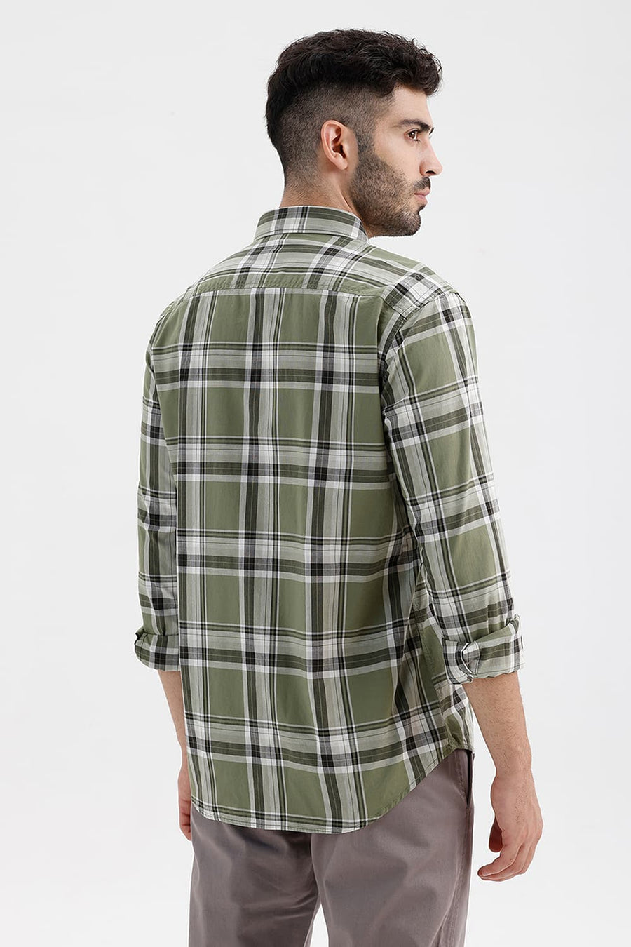BASICS SLIM FIT OIL GREEN COTTON CHECKS SHIRT