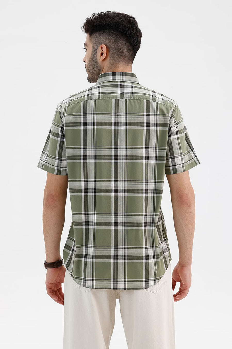 BASICS SLIM FIT OIL GREEN COTTON CHECKS HALFSLEEVES SHIRT