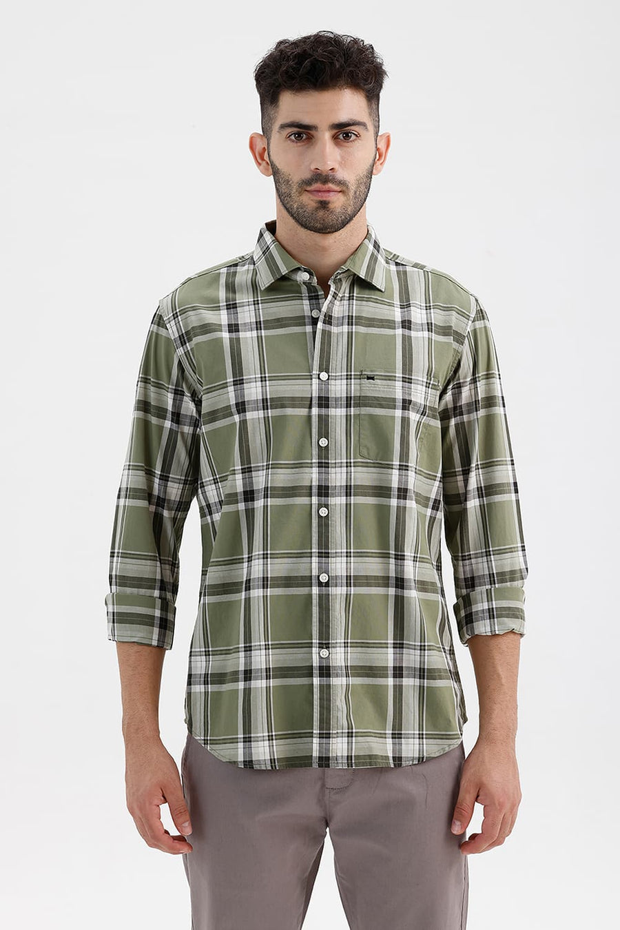 BASICS SLIM FIT OIL GREEN COTTON CHECKS SHIRT