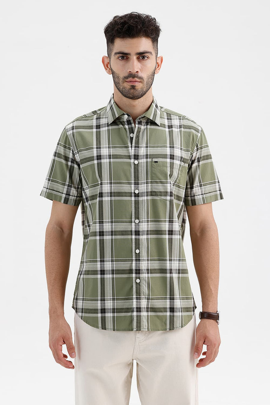 BASICS SLIM FIT OIL GREEN COTTON CHECKS HALFSLEEVES SHIRT