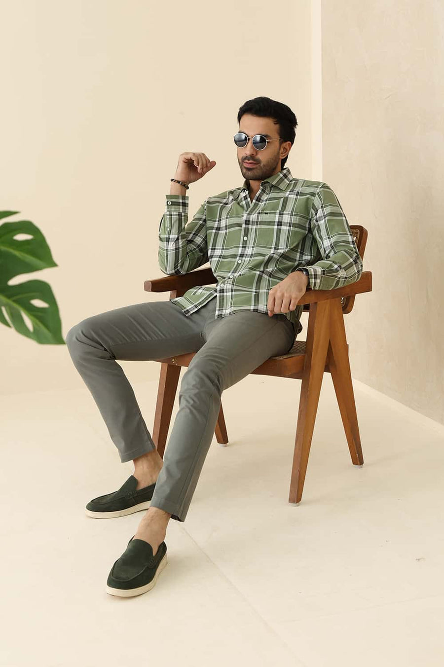 Basics Slim Fit Oil Green Cotton Checks Shirt