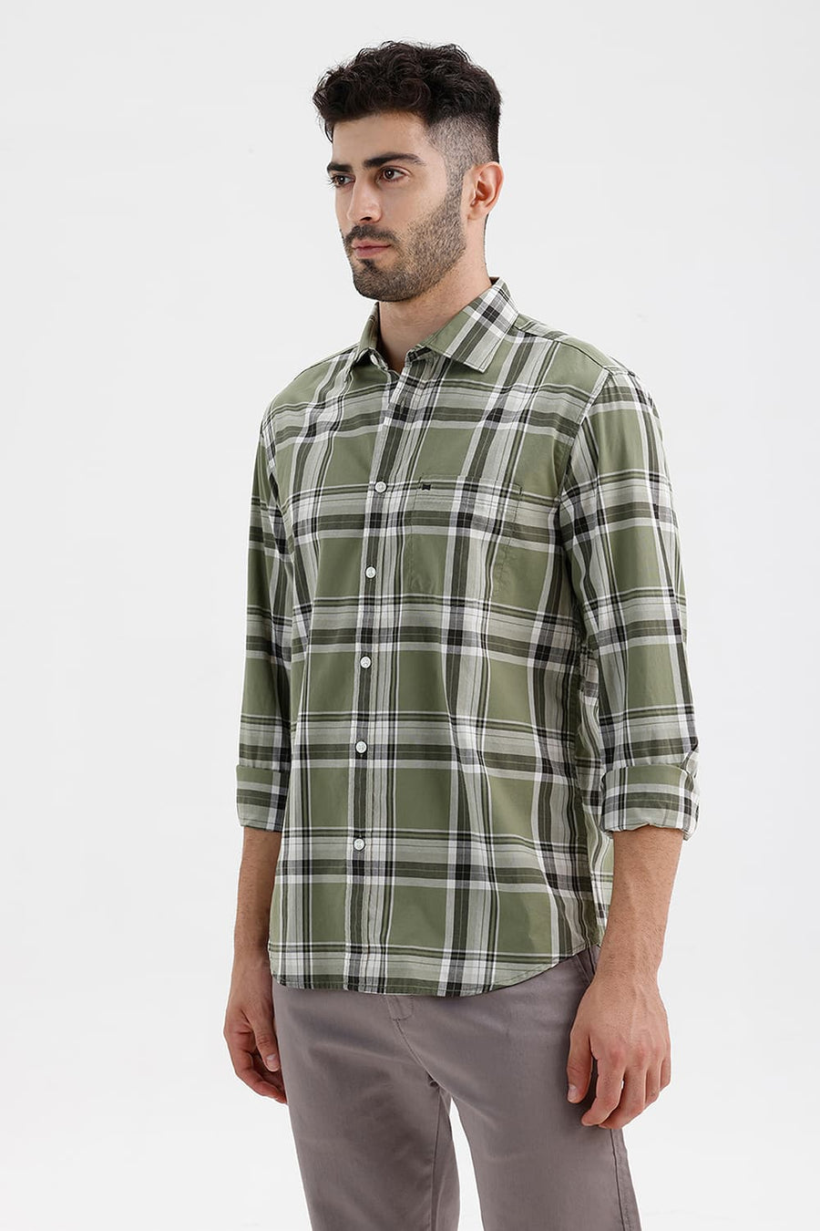 BASICS SLIM FIT OIL GREEN COTTON CHECKS SHIRT