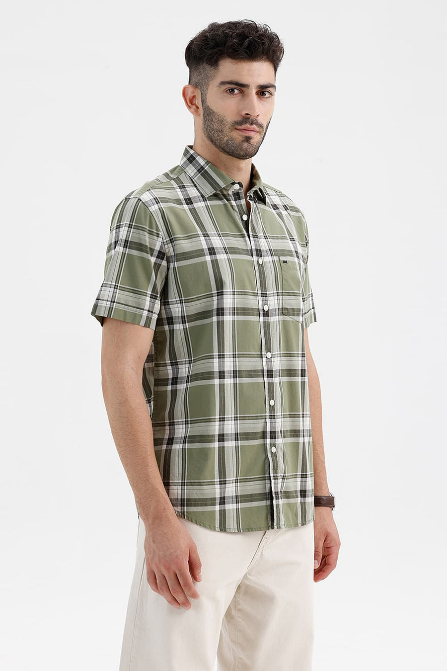 BASICS SLIM FIT OIL GREEN COTTON CHECKS HALFSLEEVES SHIRT